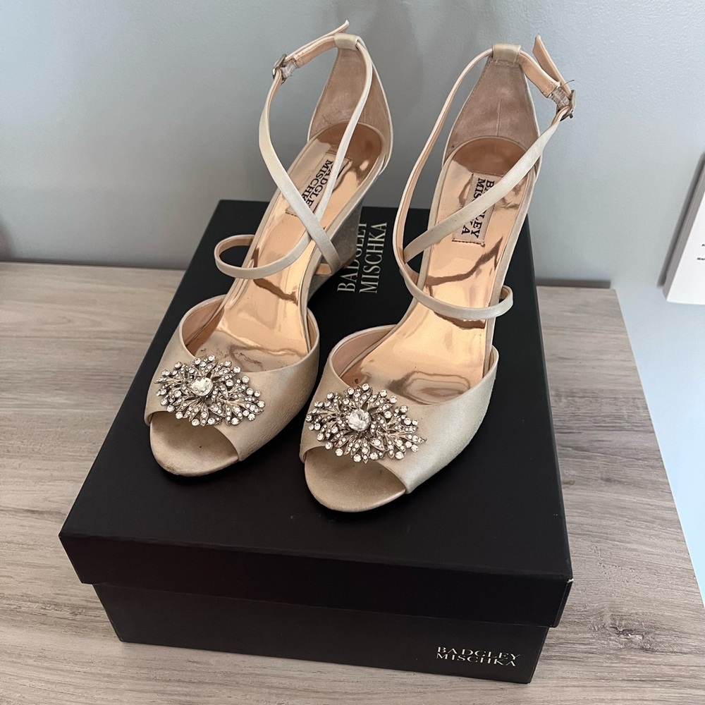 Badgley Mischka Cream Heels with Crystal Embellishment